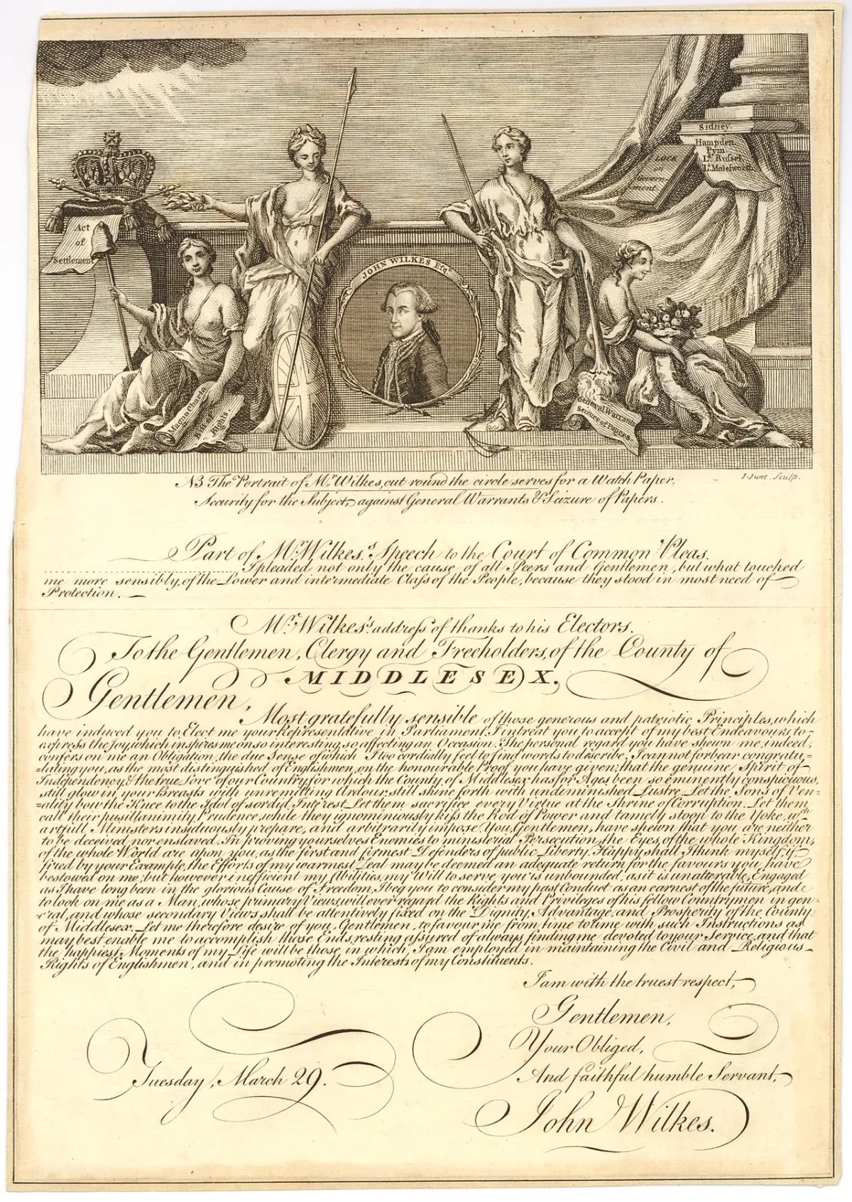 Oude gedrukte prent met allegorische figuren en een portret, met begeleidende tekst op vergeeld papier